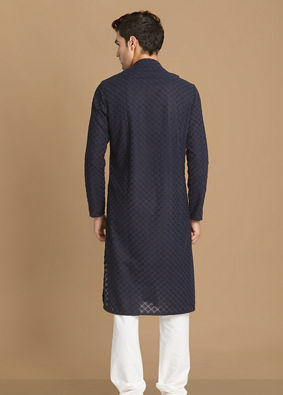 alt message - Manyavar Men Navy Blue Side Open Chikankari Kurta Set image number 2